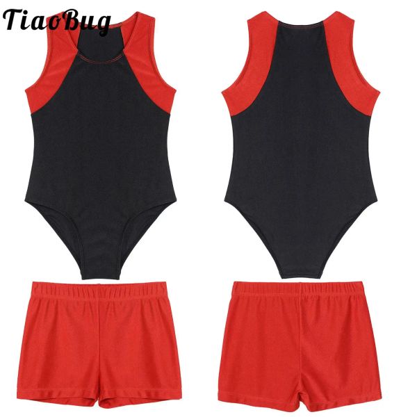 Ternos Tiaobug Crianças Meninos Blocos de Cores Patchwork Oneneck Swim Collant Sem Mangas Bodysuit com Shorts para Ginástica Yoga Macacão Treino