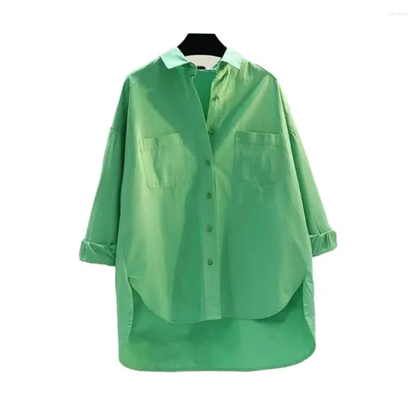 Blusas femininas bainha irregular camisa feminina topos versátil casual cor sólida lapela camisas com alto-baixo para a primavera