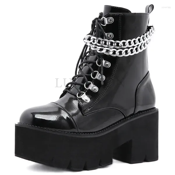 Botas góticas mulheres plataforma tornozelo grosso salto alto patente couro mulheres zíper preto punk sapatos femininos tamanho grande 43