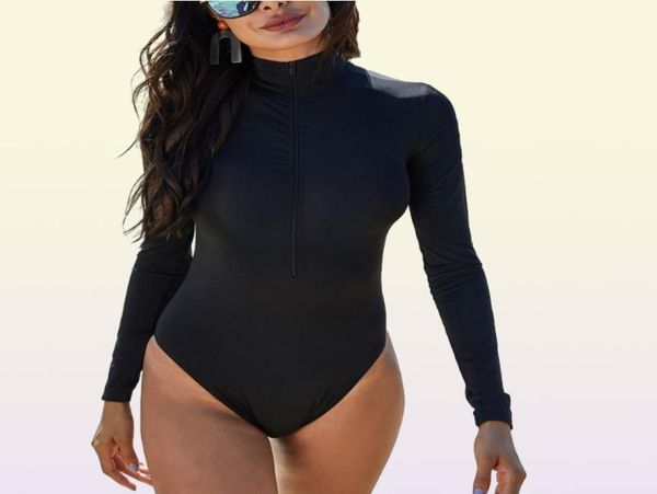 Manga longa rash guard feminino roupa de banho com zíper maiô de uma peça alta pescoço terno de surf preto mergulho bodysuit beachwear7942541