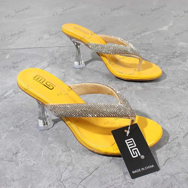 Chinelos das mulheres chinelos modernos verão nova patente de couro cristal clipe toe sapatos de salto alto salto fino amarelo fora moda feminina slides t240302