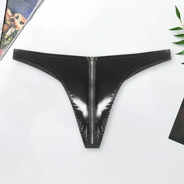 Mutande Slip da uomo elastici Slip da uomo sexy con cerniera sul cavallo Superficie a specchio tinta unita in lattice Biancheria intima gay G-string per Slim