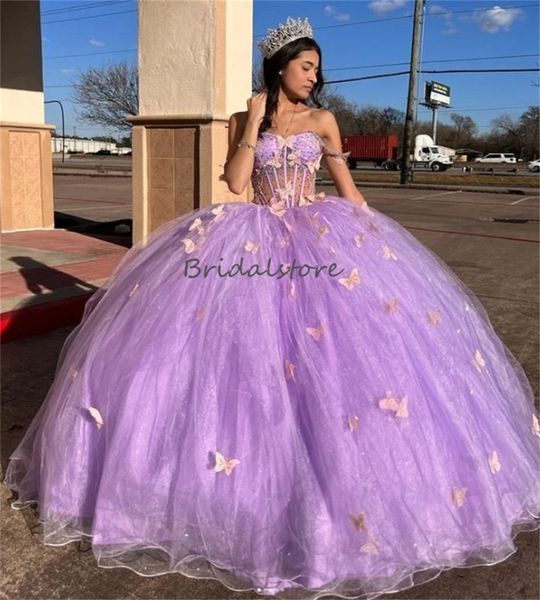 Роскошные платья Quinceanera 15 сиреневого цвета с бабочкой 2024 Vestidos De 15 Anos Masquerade xv Платье лавандового цвета с шестнадцатью бисерами на день рождения, платья de xv Para ballkleider