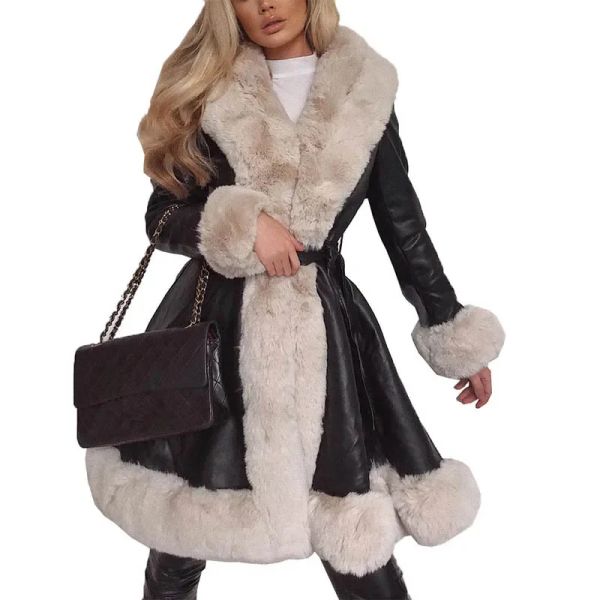 Jacken 2023 Frauen Einfarbig Große Pelz Kragen Laceup Taille Faux Leder Mantel Mode Ausgestattet Langarm Top Herbst Winter Parka