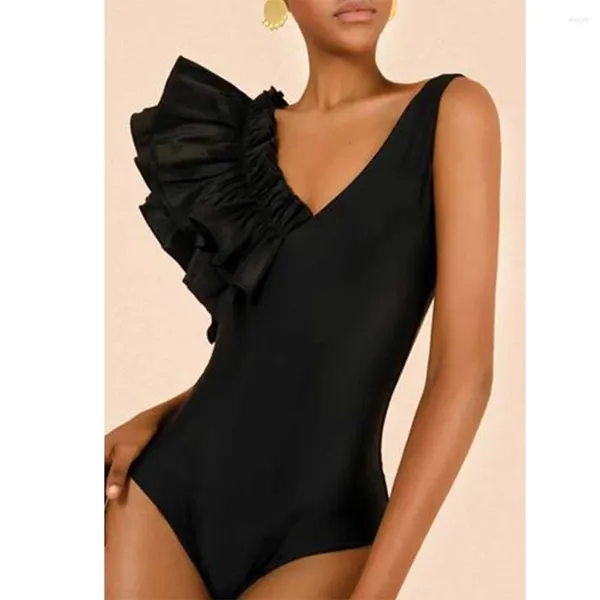 Roupa de banho feminina cor sólida plissado v profundo um pedaço maiô assimétrico férias beachwear preto designer maiô verão surf wear