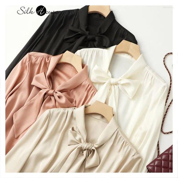 Blusas femininas fita de seda arco camisa cor sólida inferior topo amoreira manga longa 2024 moda primavera e verão estilo