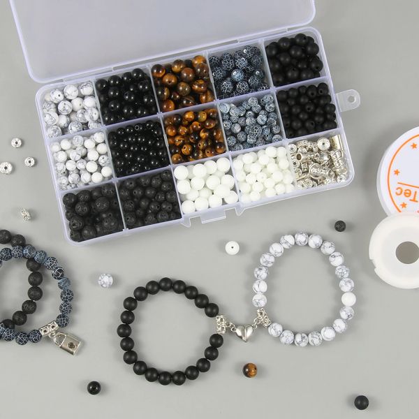 Naturstein-Perlen-Set für DIY-Paare, Distanz-Armband, elastische Kordel, Magnetverschlüsse, Schmuck-Zubehör-Box für Liebhaber, Freunde, 240220