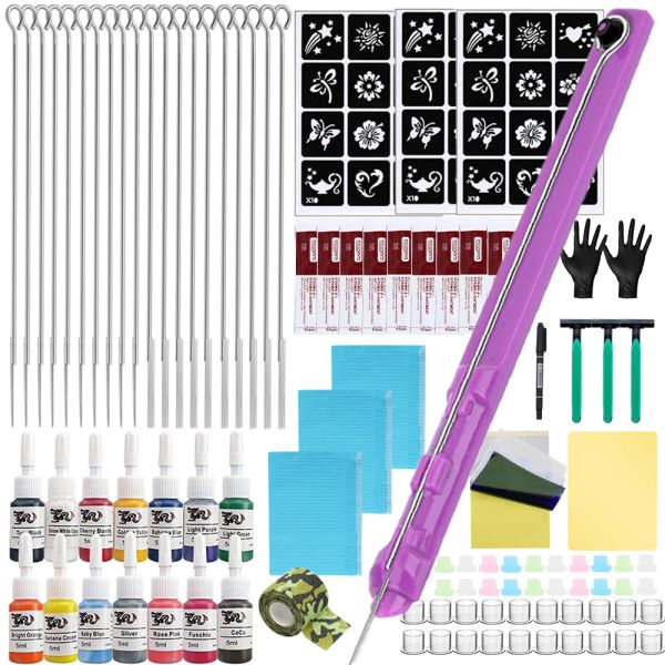 Kits DIY 3D Hand Poke and Stick Tattoo Kit mit 12 Farbtintenpigmentnadeln Set für Body Art Hand Poke Stick Tattoo Anfänger