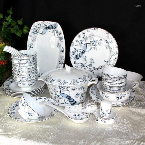 Geschirr-Sets, Hochzeit, blaue und weiße Porzellanschalen, antikes Geschirr-Set, Geschenke, Haushalt, Teller, Jingdezhen Bone China