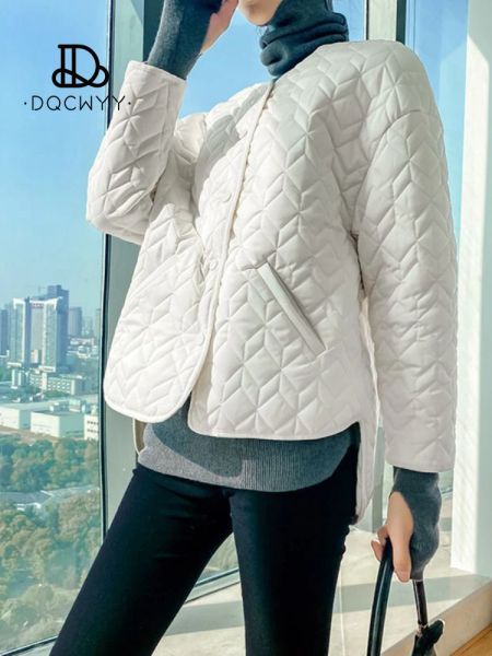 Parkas jaqueta de algodão design elegante oneck diamante xadrez jaqueta feminina 2023 novo ajuste solto retro leve e fino roupas femininas