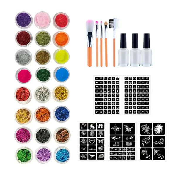 Kit tatuaggio glitter diamante set tatuaggio temporaneo 24 colori per bambini viso vernice glitter finta per donne adesivi artistici con 5 stencil 3