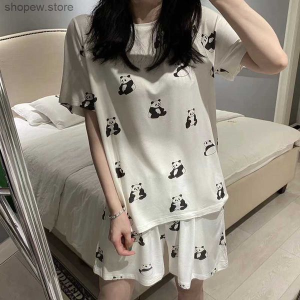 Mulheres sleepwear 2023 mulheres pijamas conjunto panda cartoon impresso manga curta camiseta + shorts 2 peças mulher macio casual sleepwear homewear pijamas