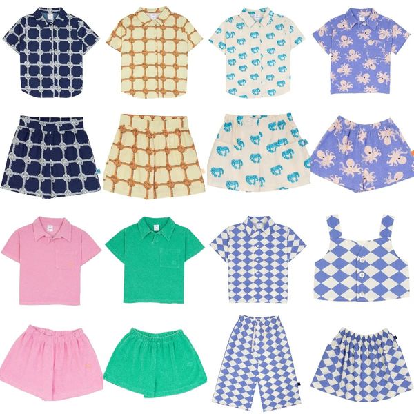 Pré venda conjunto de camisa infantil 2024wyn shorts listrados renda manga curta xadrez 240226