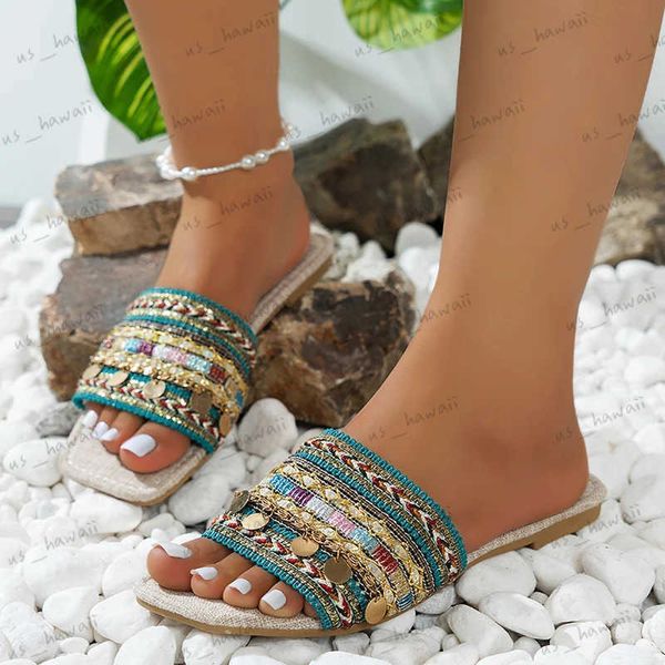 Hausschuhe Böhmischen Stil Flache Sandalen Frauen Rutschen 2023 Sommer Karree Outdoor Hausschuhe Frau Plus Größe 43 Römische Schuhe Flip flops Mujer T240302