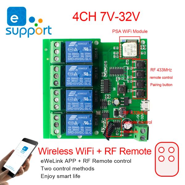 Controle dc 7v32v ac 220v 4 canais módulo de relé wi-fi interruptor de controle remoto sem fio jog selflock telefone app para casa inteligente 12v 24v