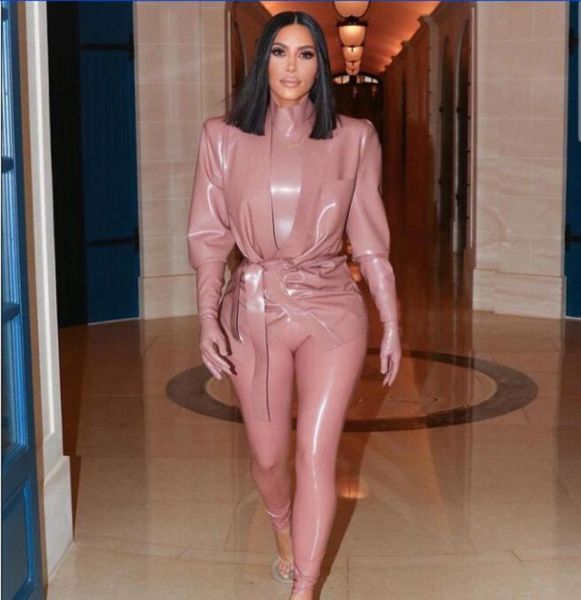 Abendkleid Yousef aljasmi Damen Anzug Kim Kardashian Rosa 3-teilig Lederbekleidung Pelzanzug Koordinaten Stehkragen Lange Ärmel 4215398