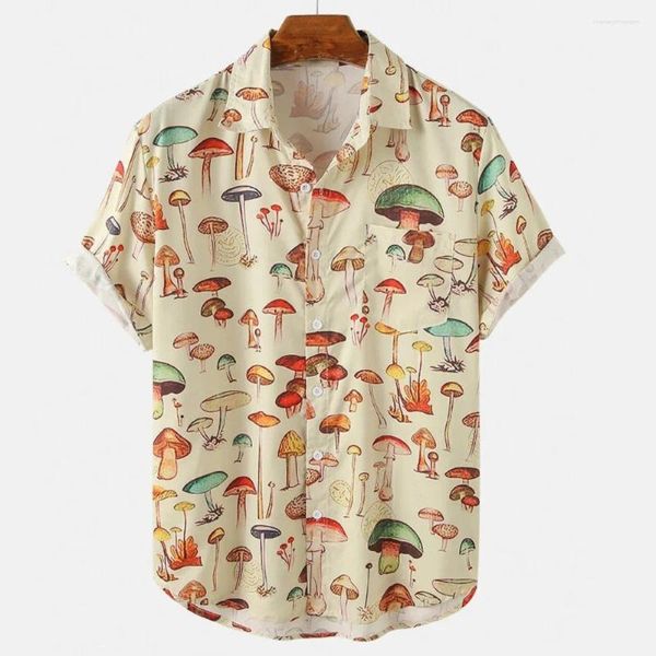 Camicie casual da uomo 2024 Camicia hawaiana estiva a maniche corte Risvolto Modello di funghi colorati Stampa 3D Pulsante Tendenza