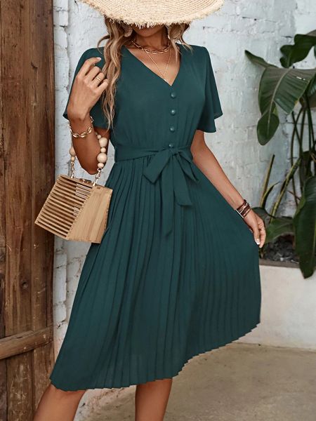 Vestito Jim Nora Women Dress Summer Casual Solid Short Short Abite pieghettate abbottonate Vneck Holiday Vestidos con abito elegante