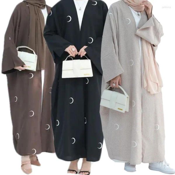 Ethnische Kleidung, offene Abaya, Eid, Türkei, Dubai, Strickjacke, Kimono, Naher Osten, bescheidene Robe, arabischer Kaftan, islamische muslimische Frauen, Mond-Stickerei-Kleid