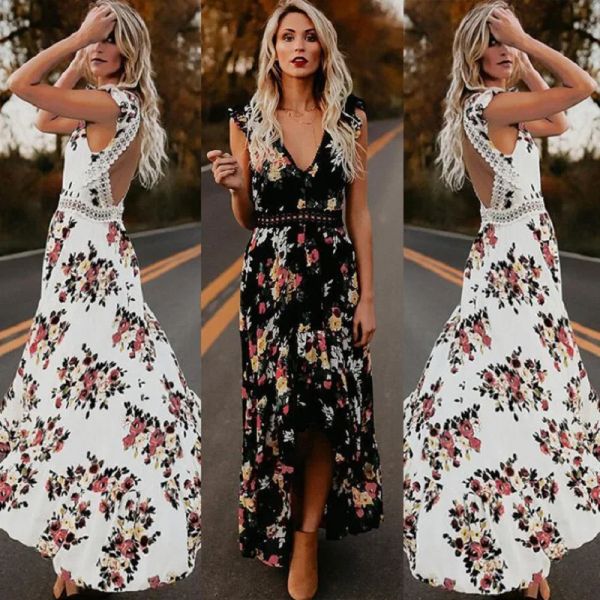 Vestido feminino boho sem costas irregular floral impresso vestido de verão profundo v guarnição longa renda maxi vestidos de festa com costas abertas