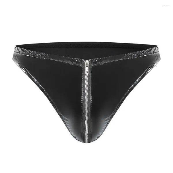 Cuecas de alta elasticidade homens briefs sexy zíper virilha espelho superfície cor sólida látex gay roupa interior g-string