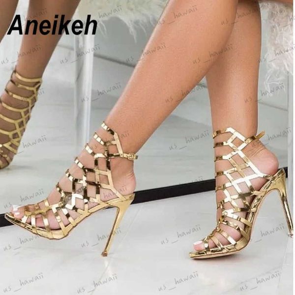 Sandali Aneikeh Gladiatore in pelle verniciata Golden Sexy Scava fuori sandali Scarpe da festa 2023 Fashion Night Club Cinturino con tacco alto Donna 35-40 T240302