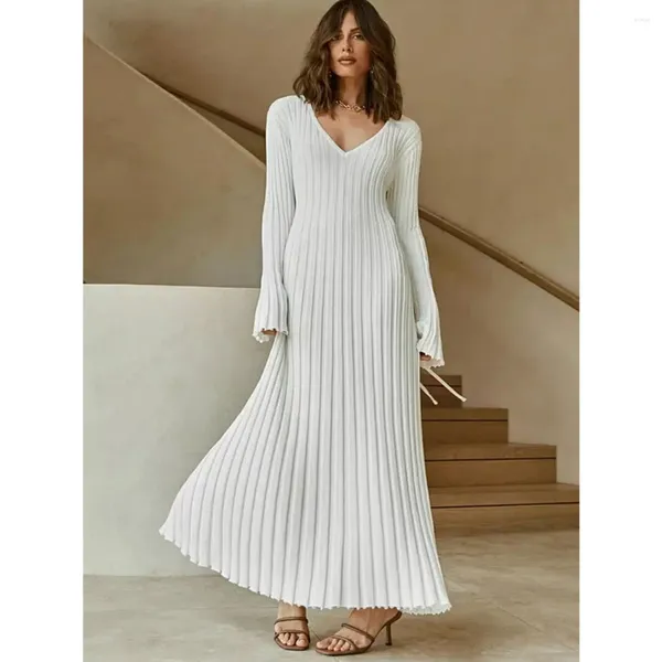 Vestidos casuais vestido de malha mulheres longo v pescoço feminino sólido elegante manga cheia a linha outono inverno senhoras com nervuras maxi robe