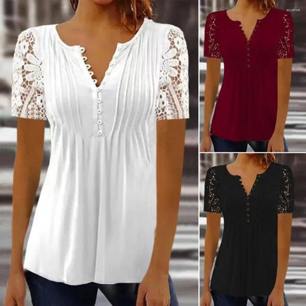 Blusas femininas Mulheres T-shirt Flor Bordado Soft Match Calças Plissadas Lace Blusa Verão Senhora Garment