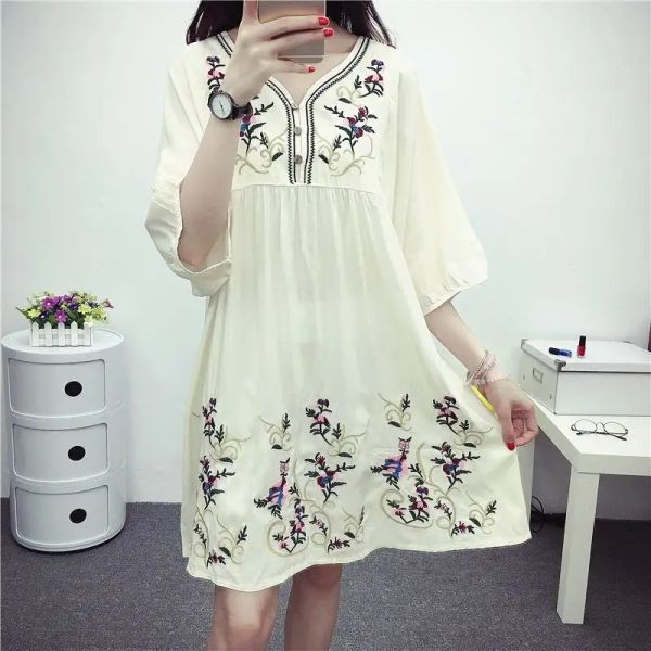 Kleid Sommer Vintage 70er Jahre mexikanische ethnische bestickte Boho V-Ausschnitt Kleider Hippie lose lässige Frauen Mode Minikleid Vestidos