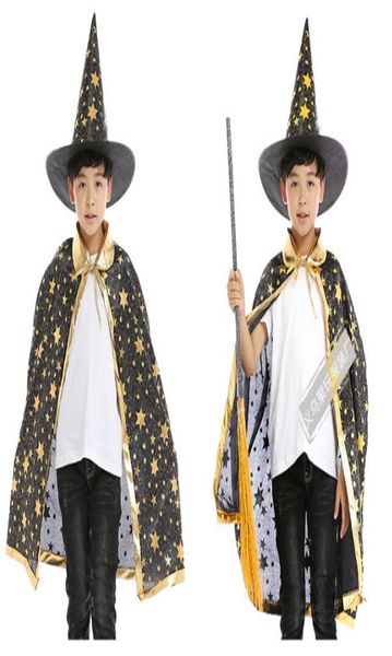 Halloween Cloak for Kids Stars Printed Hat Cape Magic Witch Cosplay Sets Costumes3818961