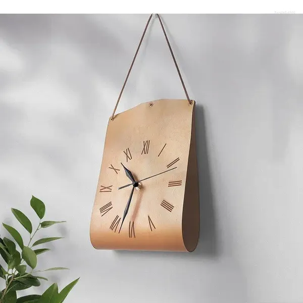 Relógios de parede minimalista pu couro sacola forma silenciosa varredura agulha relógio sala de estar fundo decorativo parede-montado