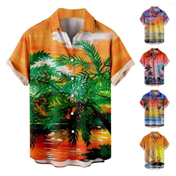 Camisas casuais masculinas peça pijama um colarinho enrolado verão férias turismo praia moda tendência lazer 3d impressão digital manga curta