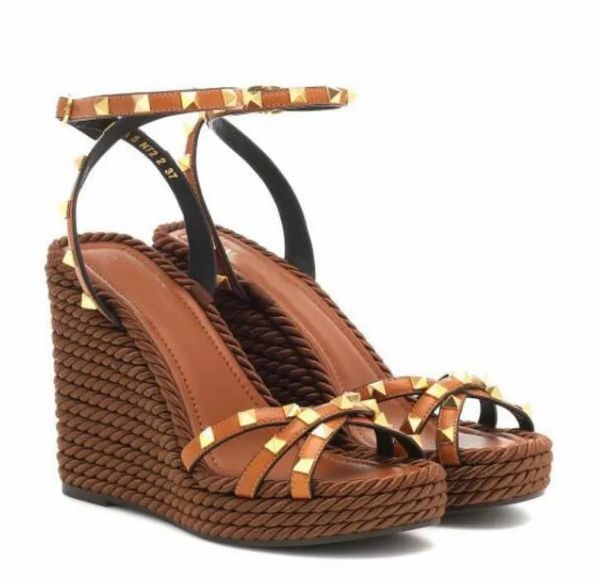 24S Sommer Luxus Frauen Nieten High Heels Sandalen Schuhe Schwarz Weiß Körniges Kalbsleder Leder Seil Plattform Keile Gummi Sohle dame Tägliche Walking Ferse Schuh mit Box