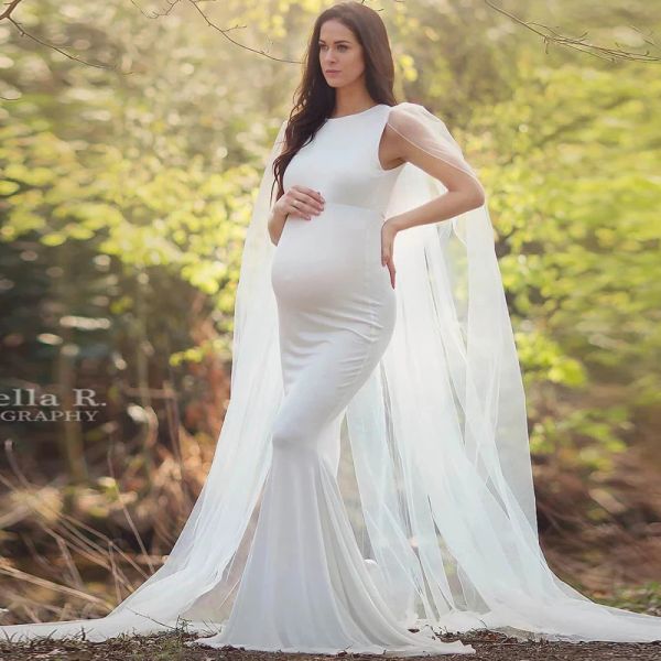 Kleider Schwangerschafts-Maxikleid, Fotografie-Requisite, lange Spitze, weiße Meerjungfrau-Kleider + Umstandskleid für schwangere Frauen, Fotoshooting