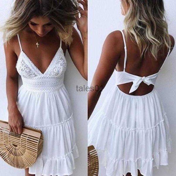 Vestidos Casuais Básicos Meninas Verão Branco Spaghetti Strap Bow Vestidos Sexy Mulheres V-Pescoço Sem Mangas Praia Backless Lace Patchwork Mini 240302