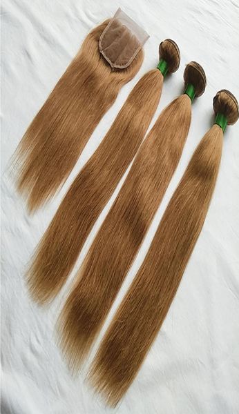 Colore 30 Capelli lisci peruviani 3 pacchi con chiusura Nuovo arrivo Fasci di tessuto per capelli umani biondo miele peruviano con pizzo 9890948