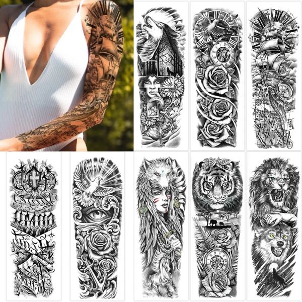 Tatuaggi 10 pezzi adesivo tatuaggio impermeabile braccio completo indiano grande fiore braccio adesivo tatuaggio temporaneo body art tatuaggio finto accessorio cornuto