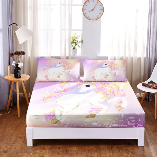 Conjunto de lençol de cama de unicórnio para meninas, 3 peças de poliéster, sólido, capa de colchão, quatro cantos com faixa elástica, conjunto de cama