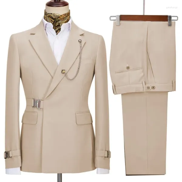 Herrenanzüge, Beige, für Herren, mit Gürtel-Design, 2-teilig, Revers, Blazer, Hose, Hochzeitskleidung, maßgeschneiderte Herren-Sets, Partykleidung, Outfit