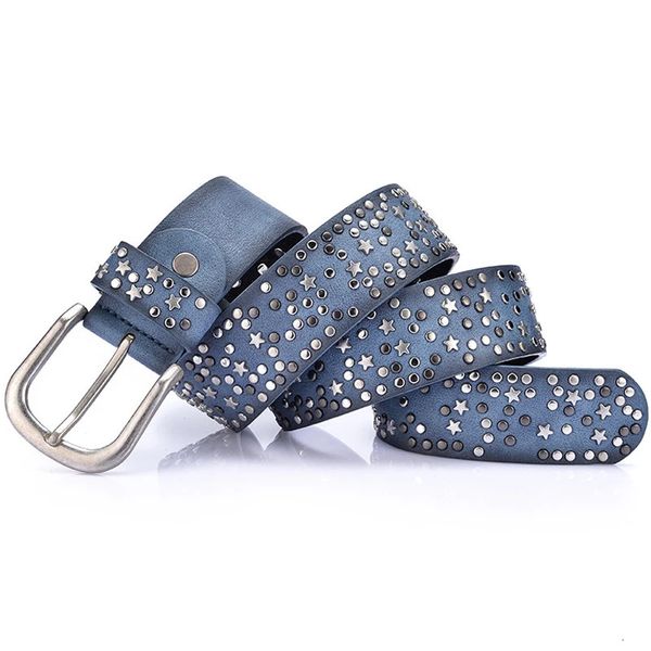 Moda Womens Rivet Belts punk rock estilo masculino para lady pu de couro lantejoulas metal fivela wide star bead 240219