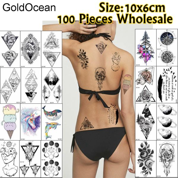 Tatuagens 100 peças atacado 10x6cm tatuagem temporária falsa triângulo planeta arte corporal tatoo para homens mulheres à prova d'água pasta de tatuagem de flor 3d