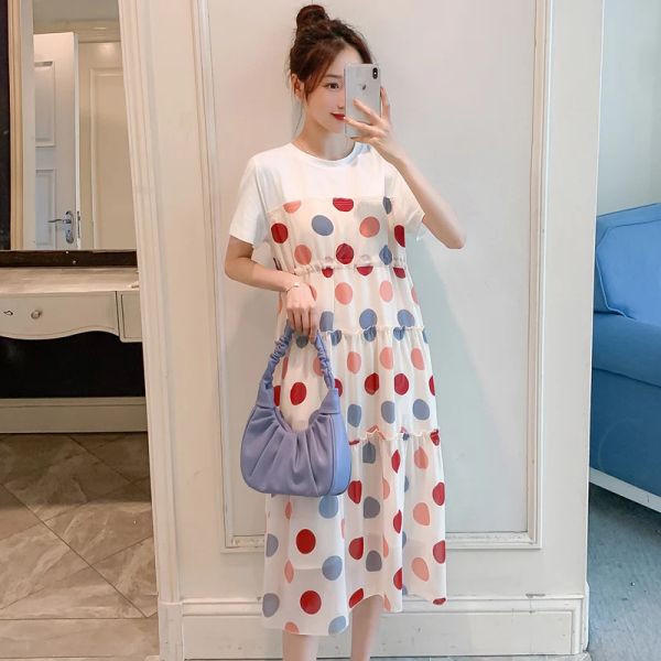 Kleider 730# 2021 Sommer koreanische Mode Mutterschaft langes Kleid Punkt gedruckt Chiffon Patchwork Baumwolle Kleidung für schwangere Frauen Schwangerschaft