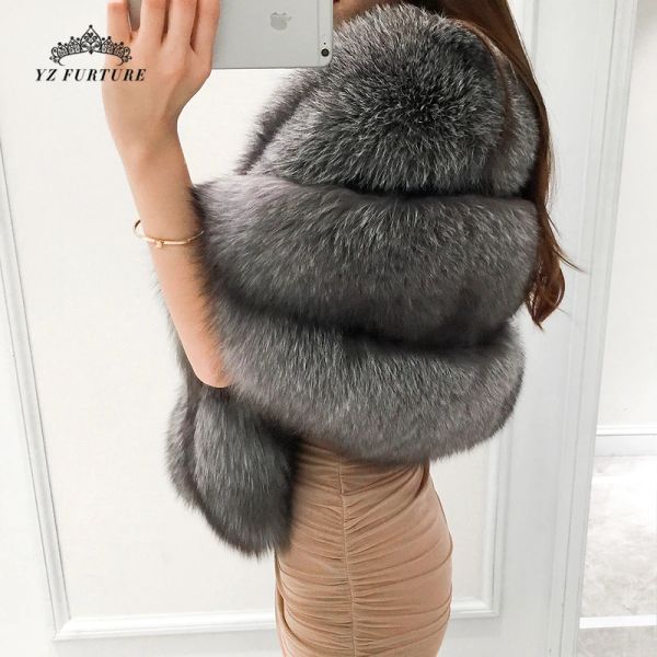 Set/abiti 2022 New Real Full Pelt Pelliccia di volpe Cappotti di pelliccia a ponte Cappotto da donna Volpe Poncho Matrimonio Vera pelliccia Mantello invernale Bianco Vera pelliccia di volpe Scialle