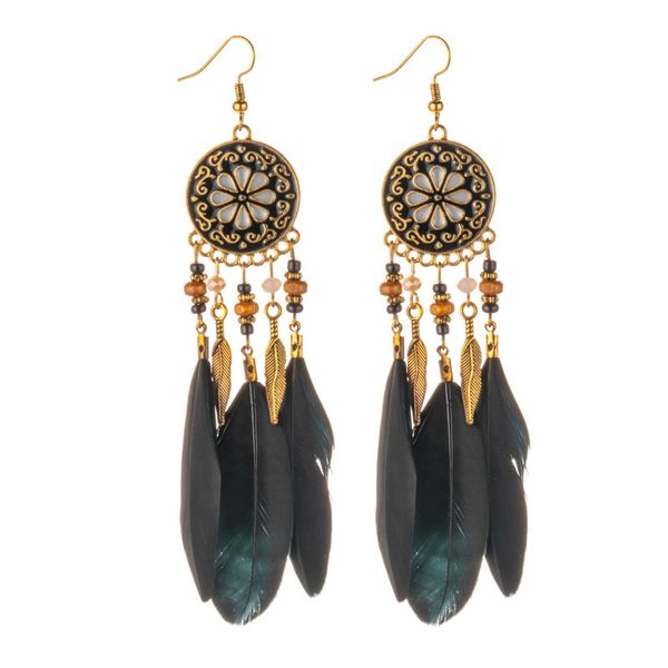 Black Feather Earrings Boho Bead Earrings Women Drop Tassel Earrings European and American Popular Accessories Wholesale 22187