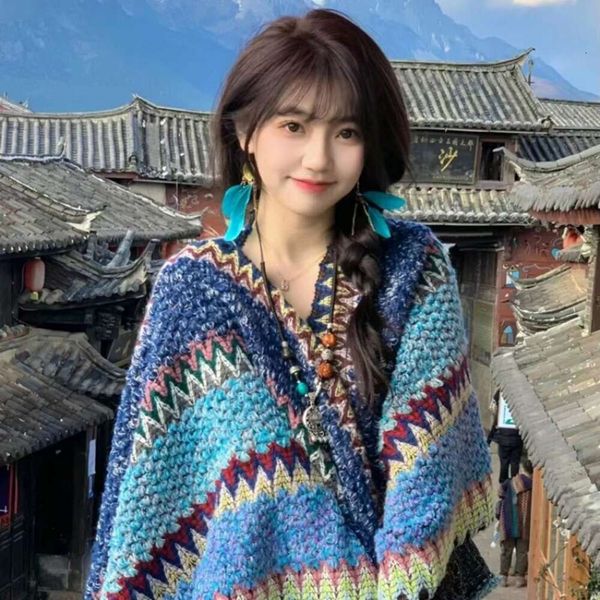 Yeni etnik stil çift amaçlı klima örme el yapımı püskül pelerin pelerin seyahat şal