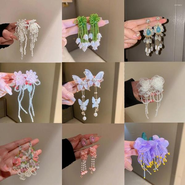 Baumelnde Ohrringe Lifefontier Handgefertigte Kristallperlen Perlenquaste Hochzeit Tropfen Für Frauen Übertreiben Sie den Blumen-Schmetterlings-langen Ohrring-Schmuck