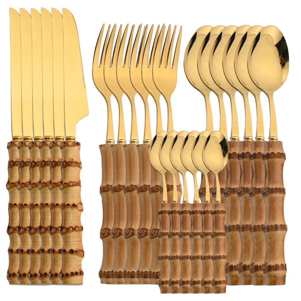 Set AJOYOUS Set di posate in oro 16/24 pezzi Posate in acciaio inossidabile a specchio da cucina con manico in bambù Coltello da tavola Forchetta Cucchiaio Stoviglie