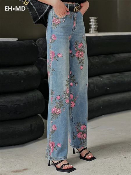 Jeans rosa ricamati jeans a botte dritti da donna avvolgenti stampa foglia anca moda allentata versatile cotone pantaloni di lusso pieghe Luxury2024