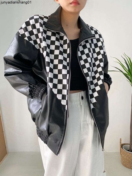 Casaco feminino couro superaen preto e branco pu design retrô jaqueta de motocicleta terno de beisebol moda feminina blazer