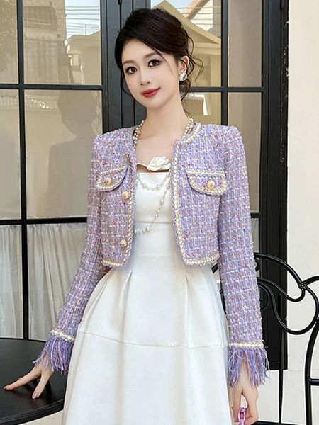 Mode Süße Kurze Jacke für Frauen Elegante Lila Tweed Mantel Langarm Tops Femme Datum Kleidung Party Street Outwear Frühling 240229